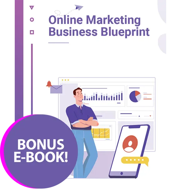 The Online Marketing Business Blueprint e-book, with a bonus e-book badge.